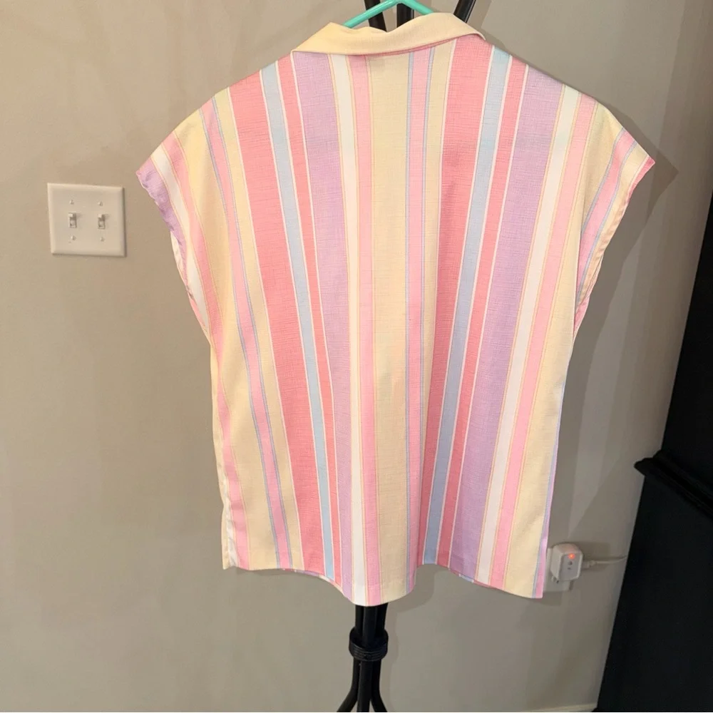 Vintage Pastel Striped Button Up Blouse Pink Yellow Short Sleeve L - Picture 2 of 9